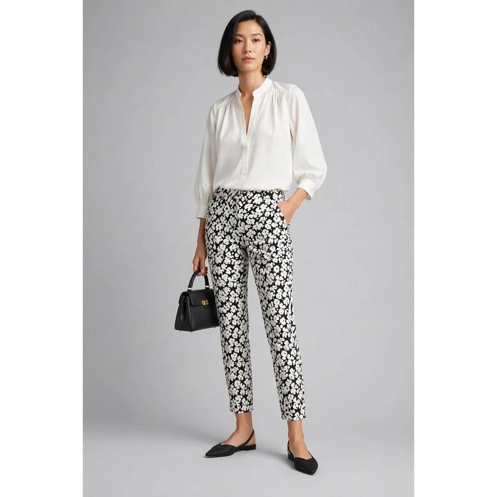 Akris Punto Franca Magnolia Print  Pants Black White Slim Stretch Cotton Sz‎ 4